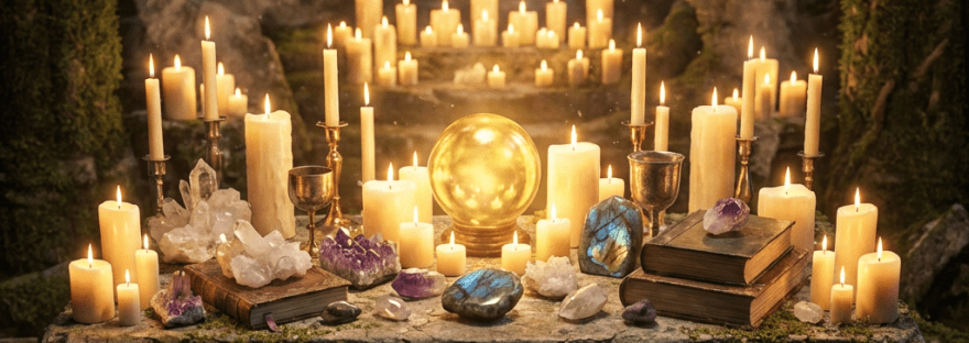 Stone altar covered with lit candles, crystals, books, and a glowing orb in mystical setting
