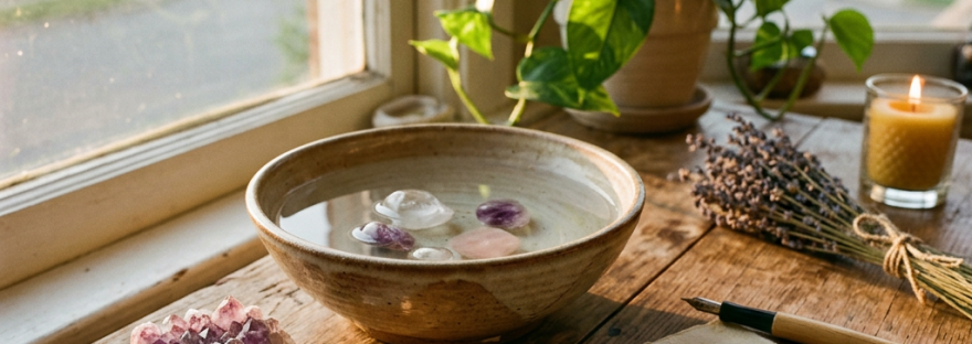Bowl with crystals in water, crystals, a candle, plant, and note with intention text on wooden table
