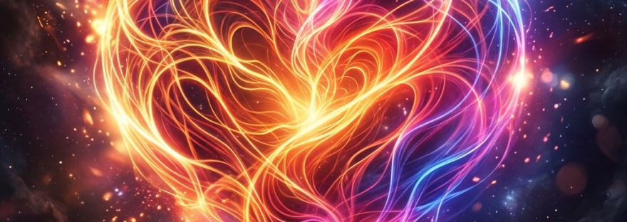 Colorful neon heart shape formed by swirling light streams on a starry cosmic background