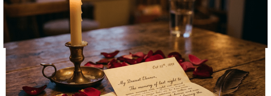 Handwritten love letter dated Oct 12th, 1898 with rose petals, candle, and quill on table