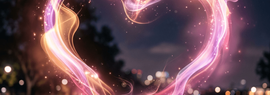 Heart shape formed by glowing pink and orange light trails with sparkles