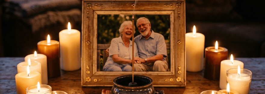 Framed photo of elderly couple surrounded by lit candles and incense holder on wood table