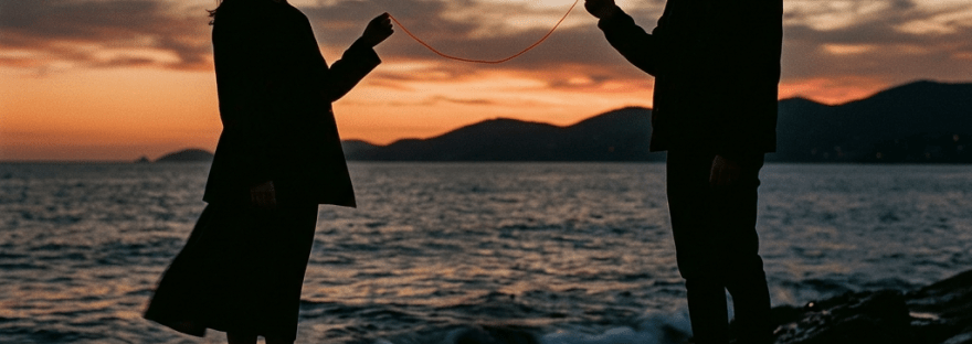 Silhouettes of a man and woman on rocks by the sea holding a red string between them at sunset