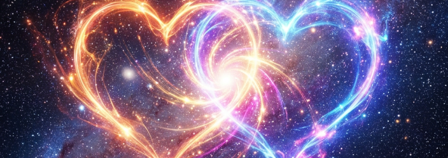 Two intertwined glowing hearts, one orange and one blue, set against a star-filled cosmic background