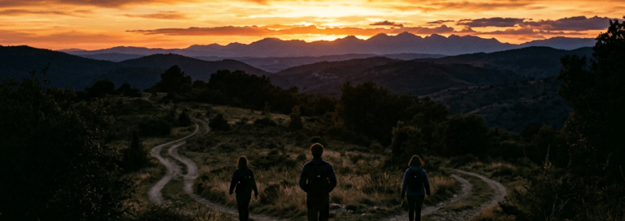 Three people hiking on dirt paths converging at a fork, with a colorful sunset behind mountain silhouettes.