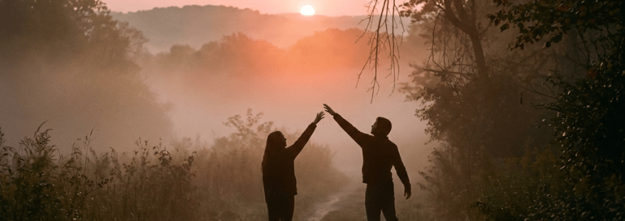 Two people silhouetted on a dirt path reaching toward each other at sunset.