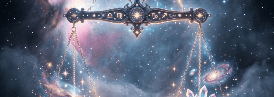 Ornate balance scale with zodiac symbols holding cosmic dust and crystals against starry background
