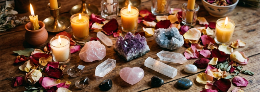 Spiritual altar with lit candles, rose petals, various crystals, and a handwritten affirmation on paper