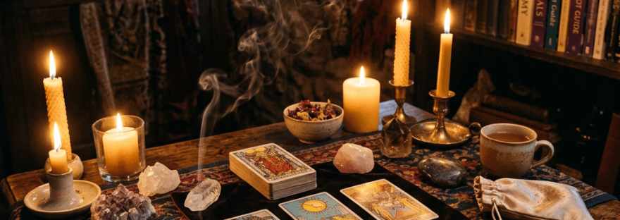 Tarot cards laid out on a wooden table surrounded by lit candles, crystals, incense smoke, and a cup of tea