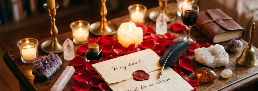 Love letter with wax seal on wooden table decorated with rose petals, candles, crystals, and a feather pen