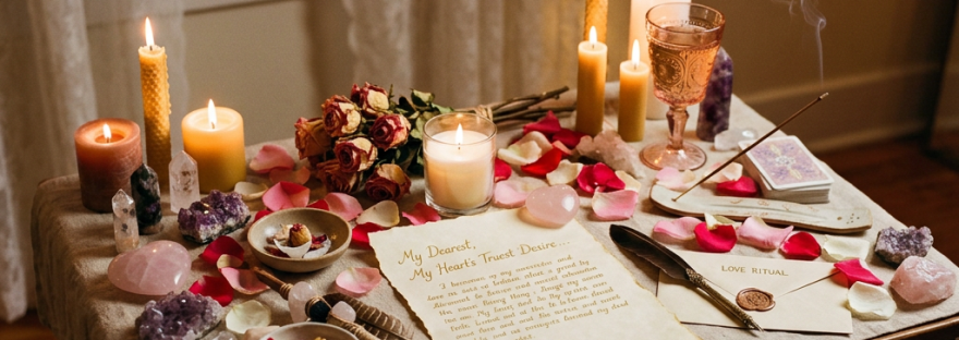 Table with lit candles, rose petals, crystals, incense, love letter, and tarot cards for a love ritual