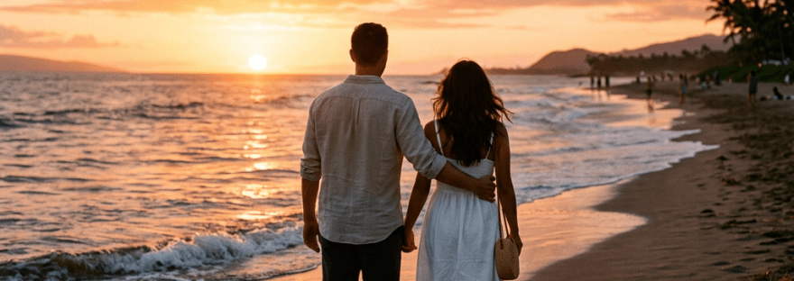 Couple walking barefoot on a sandy beach during sunset
