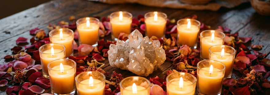 Lit candles arranged in a circle around a large crystal cluster with scattered rose petals on a wooden table