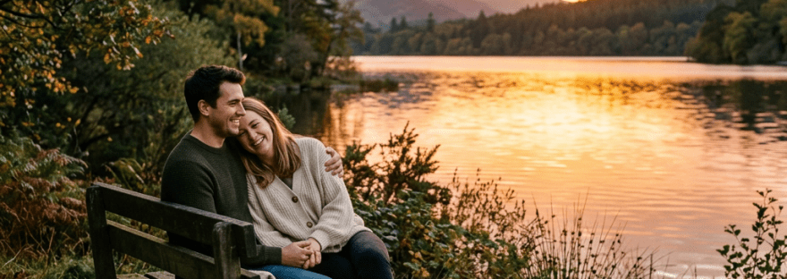 Couple sitting closely on wooden bench by lake at sunset