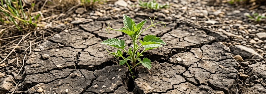 Small green plant sprouting from cracked dry soil surrounded by rocks and sparse vegetation