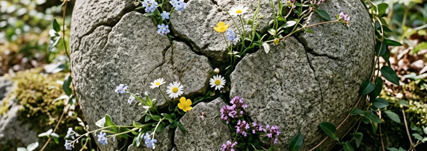Cracked stone heart with various wildflowers growing from the crevices surrounded by forest floor.