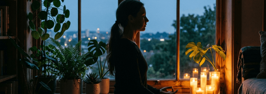 Woman sitting cross-legged meditating on a cushion by a window with lit candles and potted plants