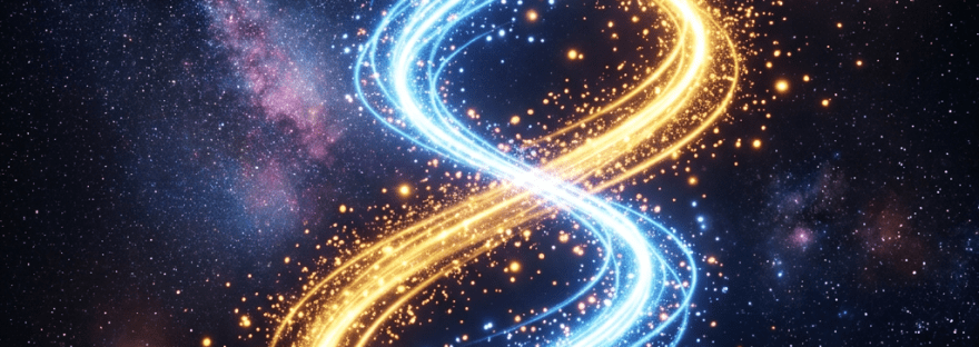 Two intertwined spirals of blue and gold light with glowing particles in a star-filled space background