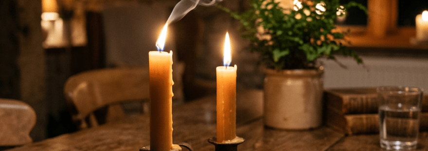 Two burning candles in metal holders on a wooden table with a potted plant, books, and glass of water in the background