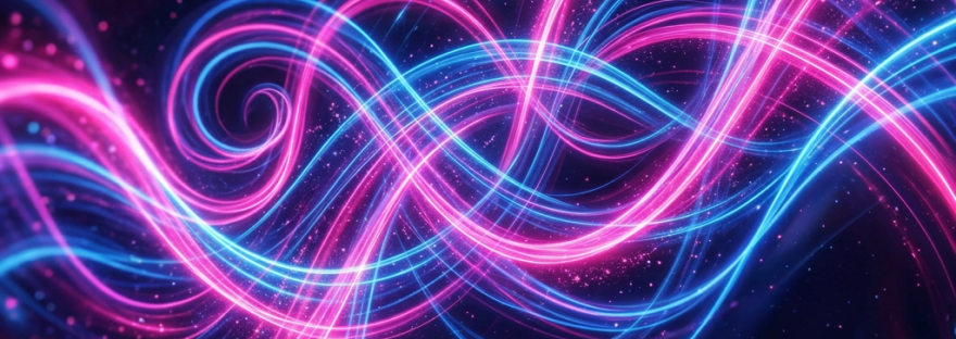 Intertwined neon pink and blue light waves on dark background