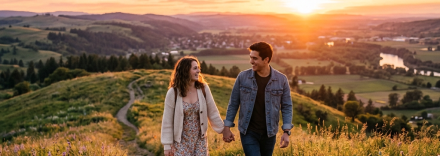 Couple holding hands walking on a trail through wildflowers at sunset