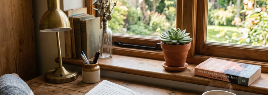 Wooden desk by window with open notebook, tea cup, lamp, and plants