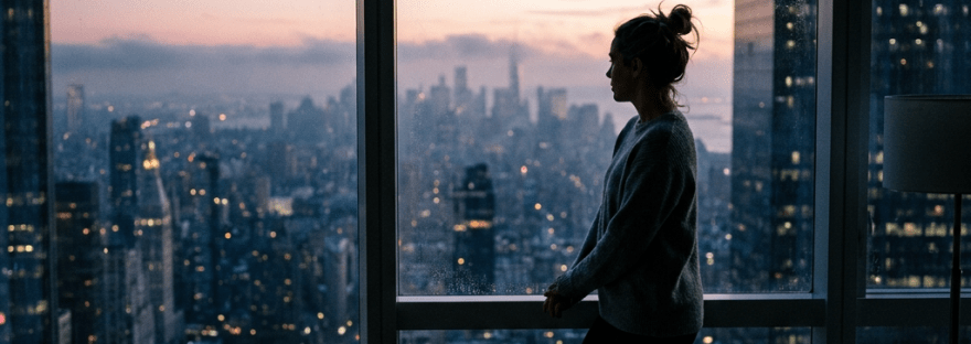 Silhouette of a woman standing by a large window overlooking a city skyline at twilight