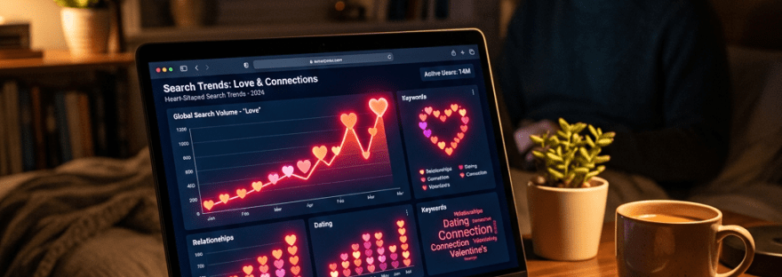 Laptop screen showing graphs and charts of global search trends for love and connections with heart-shaped icons.