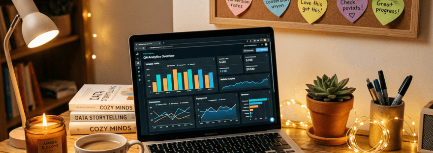 Cozy desk with laptop analytics and heart notes