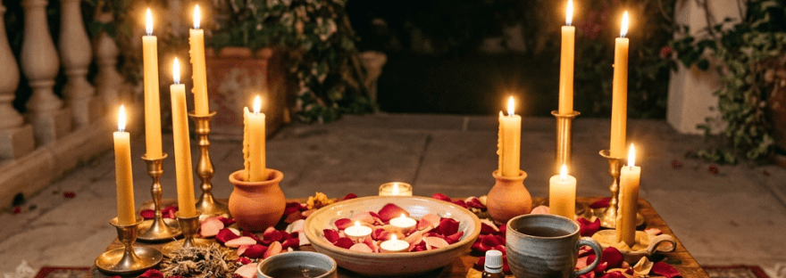 Night love ritual table with candles and petals