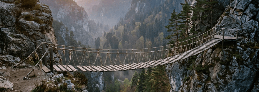 Wooden suspension bridge spanning between rocky cliffs over a forested valley at sunset