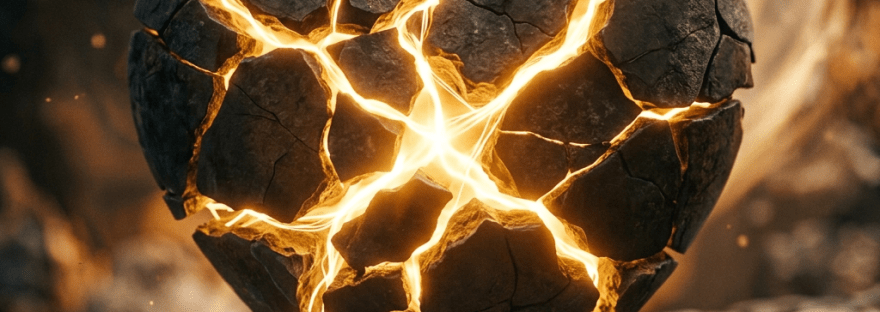 Heart-shaped stone broken into pieces with glowing fiery cracks and suspended by a rope