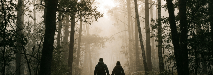 Couple holding hands walking down a forest trail with fog