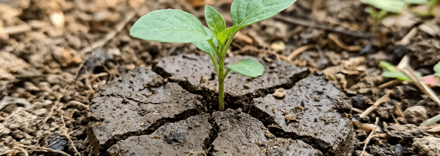 Seedling emerging from dry, cracked soil on ground.