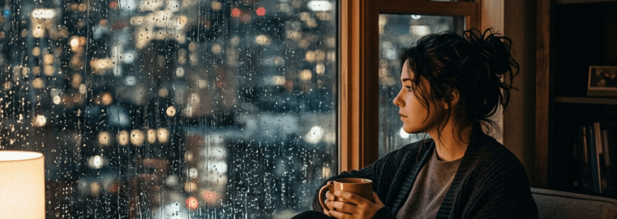 Woman sitting by rain-covered window holding a cup, looking out at city lights at night