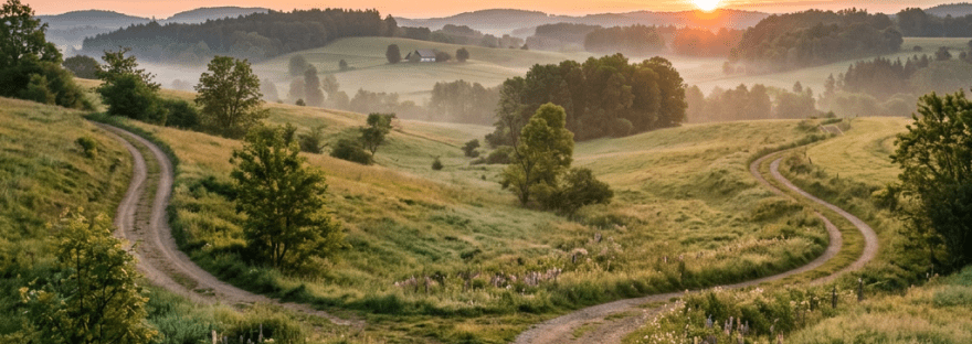 Forked dirt path winding through green fields with wildflowers at sunrise