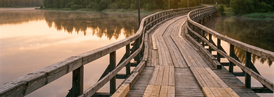 Curved wooden pedestrian bridge over still lake with sunset and forest in background