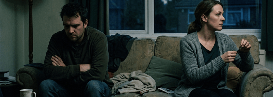 Man and woman sitting on a couch looking upset and avoiding eye contact