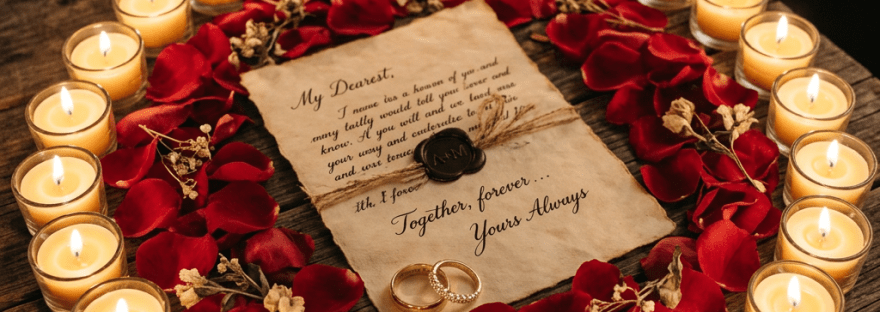 Love letter tied with twine and wax seal, surrounded by lit candles, rose petals, and two wedding rings