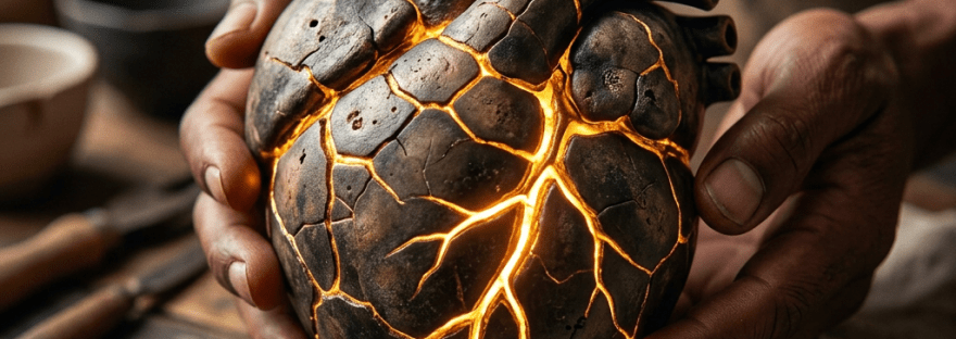 A cracked heart sculpture emitting a warm glowing light held in hands