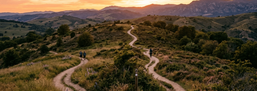 Winding hiking trail on green hills at sunset with people walking