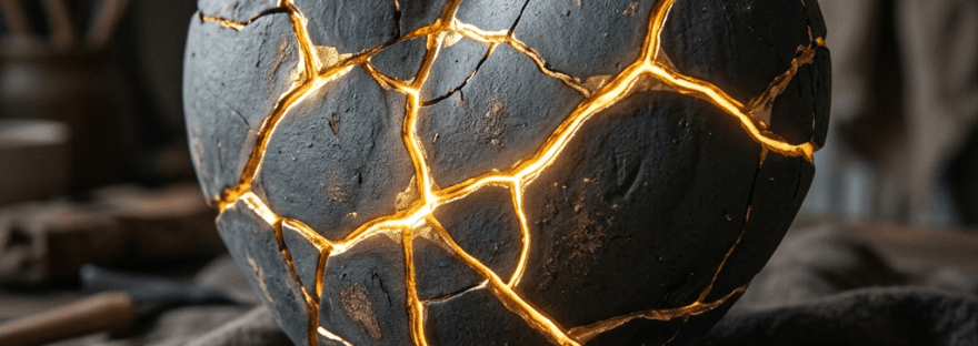 Black heart sculpture with golden illuminated cracks on wooden table