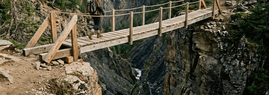 Person walking across wooden bridge over rocky mountain gorge