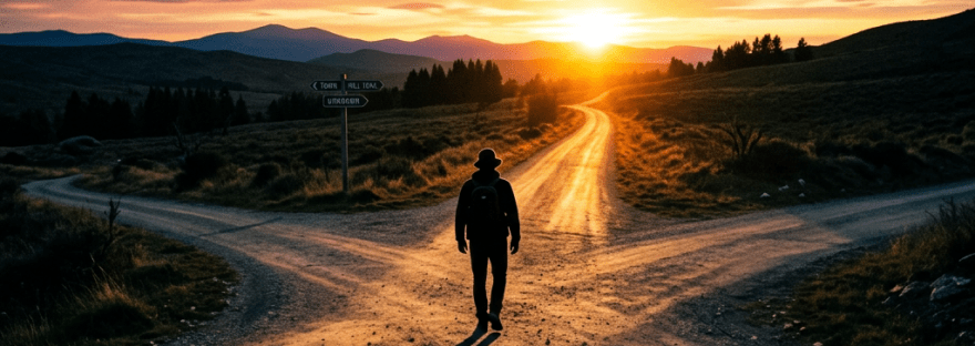 Person standing at a three-way dirt road intersection with sunset in the background