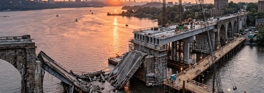 Bridge under construction and repair beside broken old bridge over river at sunset