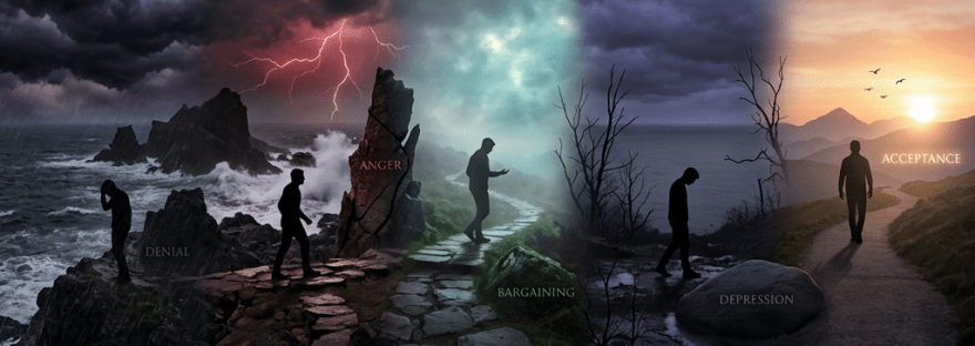 Silhouettes representing denial, anger, bargaining, depression, and acceptance along a rocky and changing path