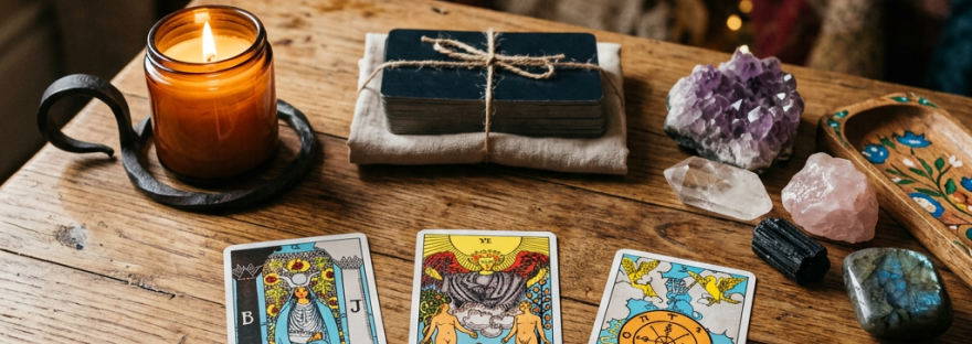 Three tarot cards laid out beside crystals and a lit candle on a wooden table