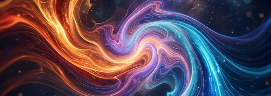 Swirling cosmic streams of orange and blue colors intertwined in space