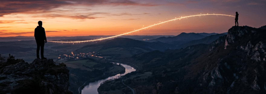 Two silhouetted figures on separate mountain peaks connected by an arc of sparkling light at sunset