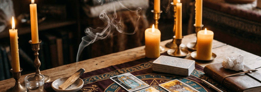 Tarot cards laid out on a cloth with lit candles, crystals, and incense